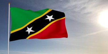 Saint Kitts ve Nevis Ulusal Bayrak Kumaşı Güzel açık gri arka planda sallanıyor.