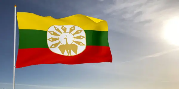 Myanmar Ulusal Bayrak Kumaşı Güzel açık gri arka planda sallanıyor.