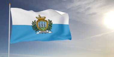 San Marino Ulusal Bayrak Kumaşı Güzel açık gri arka planda dalgalanıyor.
