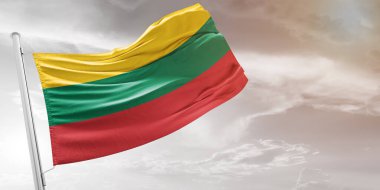 Litvanya Ulusal Bayrak Kumaşı Güzel açık gri arka planda dalgalanıyor.