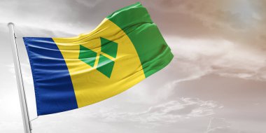 Saint Vincent ve Grenadines Ulusal Bayrak Kumaşı Güzel açık gri arka planda sallanıyor.