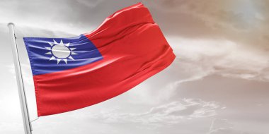 Tayvan ulusal bayrak kumaşı güzel açık gri arka planda dalgalanıyor.