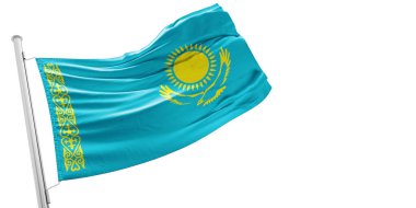 Kazakistan ulusal bayrak kumaşı güzel beyaz arka planda dalgalanıyor.