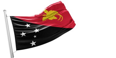 Papua Yeni Gine Ulusal Bayrak Kumaşı Güzel beyaz arka planda dalgalanıyor.