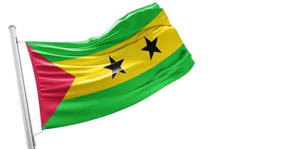 Sao Tome ve Principe Ulusal Bayrak Kumaşı Güzel beyaz arka planda sallanıyor.