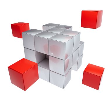 3d küp, gri kareler arasındaki kırmızı kutular - ızgara, çekirdek dizisi, matris, hücre, qubit, depolama, bütünün bir kısmı