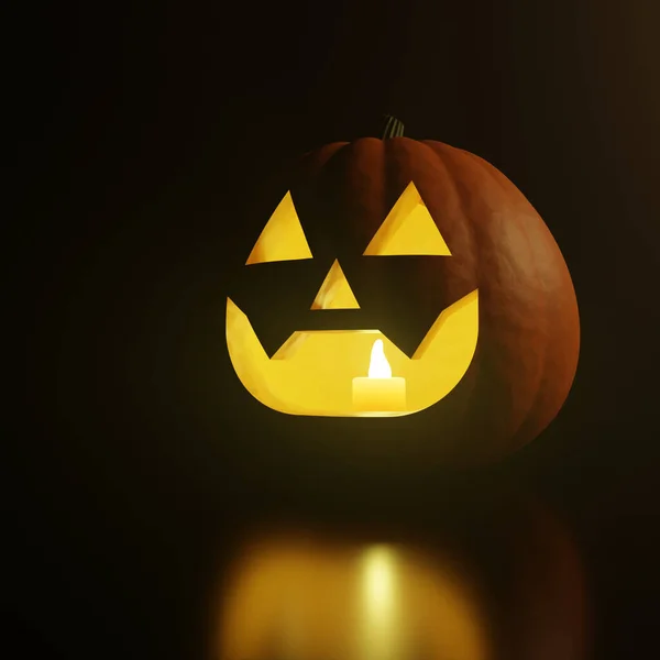 Calabaza Halloween Con Vela Encendida Sobre Fondo Oscuro Ilustración Truco —  Fotos de Stock