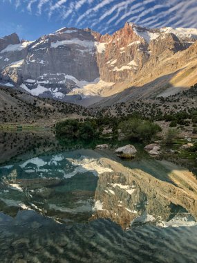 Görkemli dağ, tamamen berrak mavi göl suyuna yansıyor. Uzak plan, güzel manzara, dikey fotoğraf