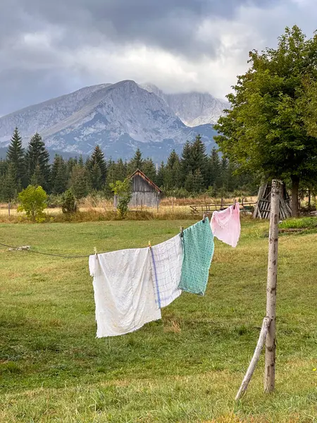 Fresh clothes dry on a rope in the yard. Against the background you can see mountains, conifer forest and sky with clouds. Vertical photo