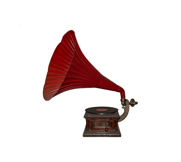 Vintage Gramofon Tarczą Drewnianym Polu Izolowane Białym Tle Antyczny Mosiężny — Zdjęcie stockowe