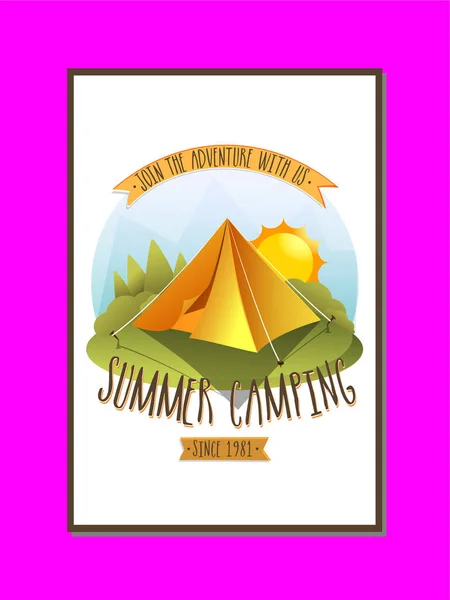 Sommar Camping Affisch Med Berg Tält Och Sol — Stockfoto