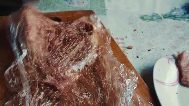 Kött Gristek Fläsk Fläsk Kött Kryddor Stekar Marinade Matlagning Kött — Stockvideo