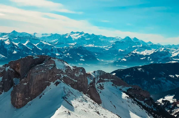 stock image Rest in the mountains. View from the observation deck.Mountain Alpine landscape.High in the mountains.Top of the mountain.Snowymountains.Beautiful view.Rocks and stones.A popular place in Lucerne.