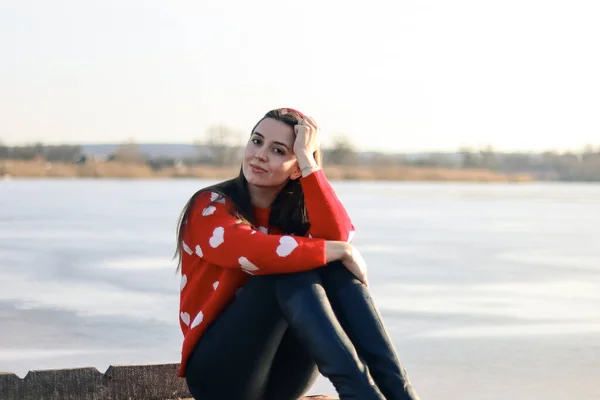 Eine Junge Frau Einem Roten Pullover Sitzt Winter Portrait Eines — Stockfoto