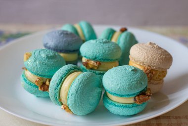 Tabaktaki renkli Makaronlar. Desen.baking.frança. bakery.food teslimatı.macaroons dekoru. Farklı tatlar. Ev yapımı pastalar.cafe reklamları. Güzel tatlı. Narin krema. Yemek pişirme. Bayram hediyesi.