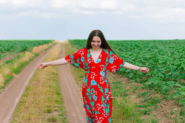 Chica Con Pelo Largo Vestido Rojo Camina Largo Field Walks —  Fotos de Stock