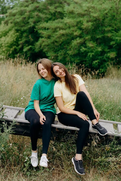 stock image Two girls girlfriends in nature. Friendship and love. Beautiful and happy girlfriends. Happy sisters.