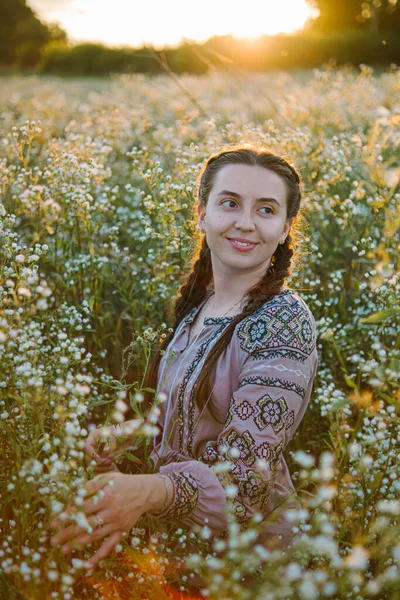 Mujer Ucraniana Una Camisa Bordada Sienta Campo Margaritas Atardecer Mujer —  Fotos de Stock
