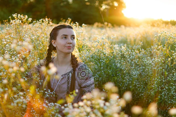 Ukrainian woman in an embroidered shirt sits in a field of daisies at sunset.dreaming woman.pensive happy woman.self-confident girl.patriotism.woman on a flowering meadow.a tender girl.Loneliness.