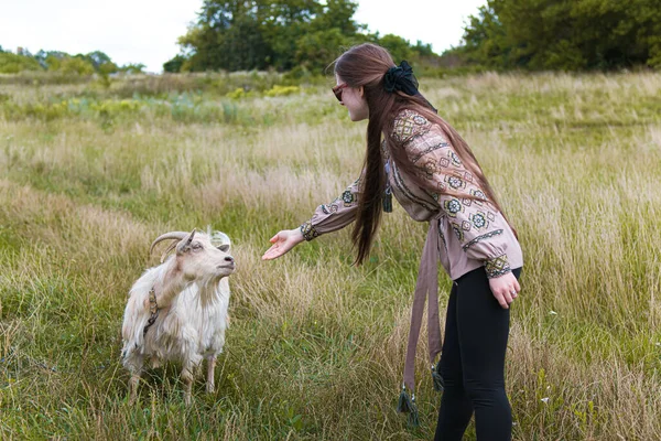 Junge Frau Auf Dem Feld Streichelt Eine Ziegen Mädchen Und lizenzfreie Stockfotos
