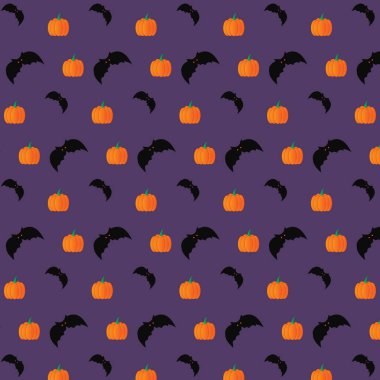 Cadılar bayramı, mor arka planda balkabakları, yarasalar ve yarasalarla kusursuz desen. Cadılar Bayramı konsepti. Vektör çizimi. düz biçim.