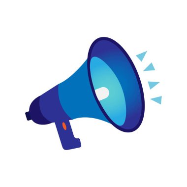 Metin için boş bir afiş ile beyaz arkaplan üzerinde düz tasarım mavi megafon