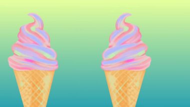 Parlak pembe 3D dondurma (donmuş yoğurt) konisi, yeşil ve sarı gradyan arkaplandaki kusursuz döngü animasyonu