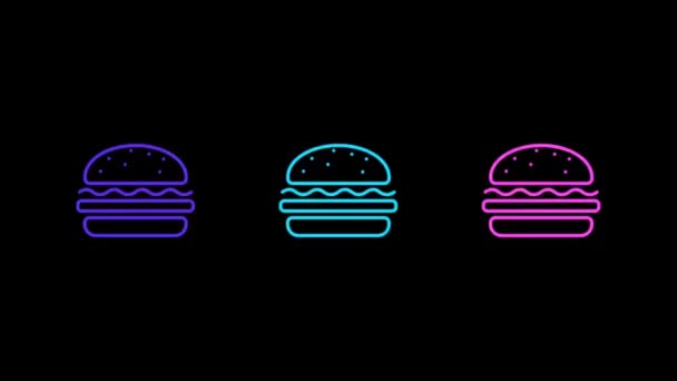 Анимированный Неоновый Бургер Гамбургер Чизбургер Мигающие Знаки Розовом Синем Фиолетовом — стоковое видео