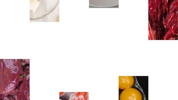 白い碑文 Vitamin 白い背景でそれを見つけることができる最も一般的な食べ物の写真の背景に表示されます 2Dアニメーション — ストック動画
