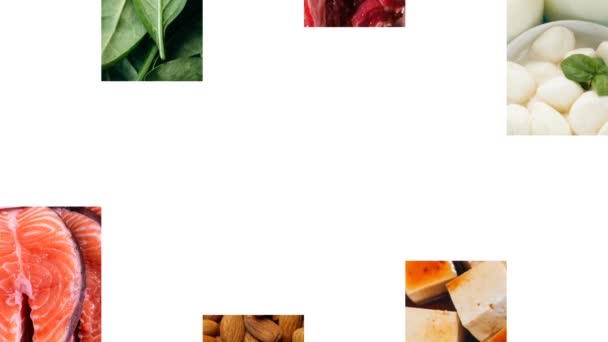 Белая Надпись Vitamin Рибофлавин Появляется Фоне Фотографий Наиболее Распространенной Пищи — стоковое видео