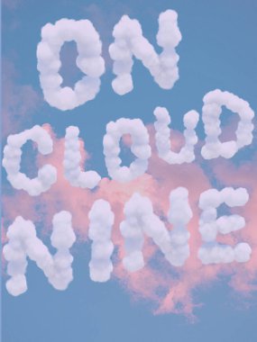 On Cloud Nine text, inscription made of clouds on a sky background, catchphrase, saying clipart