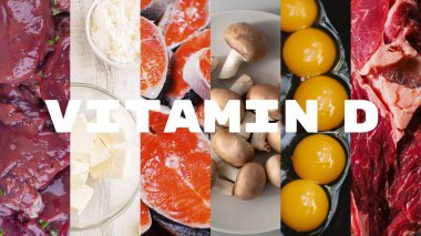 Beyaz VITAMIN D yazıtında bulabileceğiniz çoğu yiyeceğin fotoğraflarının olduğu bir arka plan var.