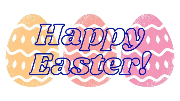 Üzerinde koyu mavi yazılar olan çok renkli Paskalya yumurtaları. Mutlu Paskalyalar.