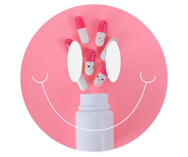 Pembe arka planda pembe ve beyaz haplarla dolu beyaz gülümseme ikonu (kapsüller)