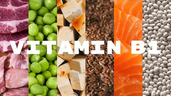 White inscription VITAMIN B 1 (thiamine) on a background of photos of most common food where you can find it