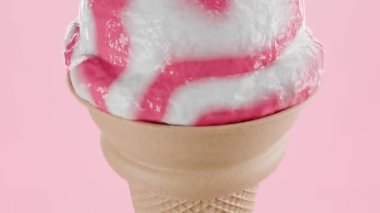 Bir kepçe pembe ahududulu (çilekli) yuvarlak külah vanilyalı dondurma, 3D 4K gerçekçi animasyon.