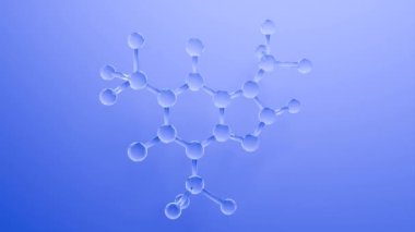 Mavi arka planda dönen şeffaf buzlu camdan yapılmış kafein molekülü, 3 boyutlu animasyon.