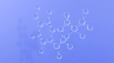 Mavi bir arka planda dönen şeffaf buzlu camdan yapılmış sekootonin molekülü, 3 boyutlu kusursuz döngü animasyonu