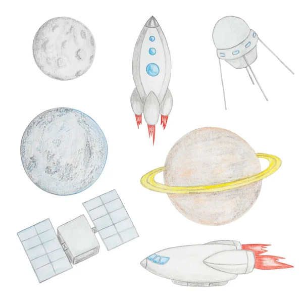 Conjunto Elementos Com Planetas Satélites Naves Espaciais Sobre Fundo Branco — Fotografia de Stock