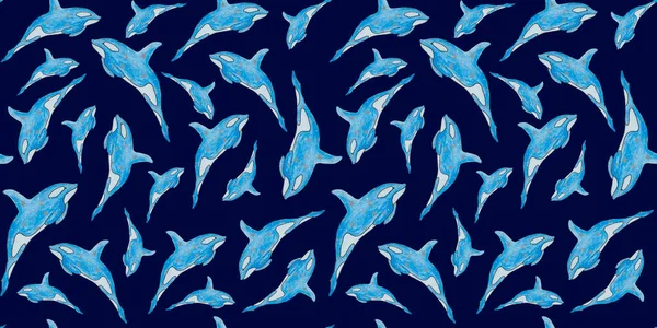 Muster Mit Einem Blauen Killerwal Auf Dunkelblauem Hintergrund — Stockfoto