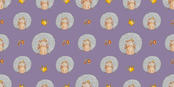 Patrón Con Una Oveja Una Corona Sobre Fondo Púrpura —  Fotos de Stock