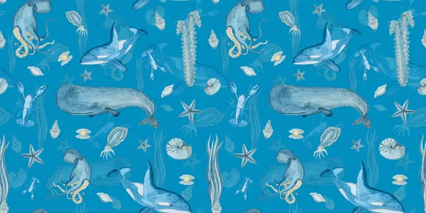 Muster Mit Meerestieren Auf Blauem Hintergrund — Stockfoto