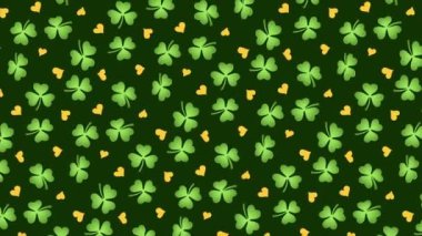St. Patricks Day pattern with shamrocks and hearts against dark green background on a seamless loop