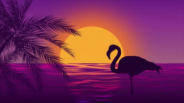 Sylwetka Flamingo Fioletowym Tle Zachodzącego Słońca Animacja Płynnej Pętli — Wideo stockowe