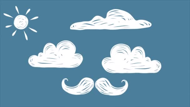 Happy Fathers Day Handgezeichnete Animation Mit Fliegendem Schnurrbart Wolken Herzen — Stockvideo