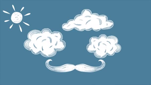 Happy Fathers Day Handgezeichnete Animation Mit Fliegendem Schnurrbart Wolken Herzen — Stockvideo