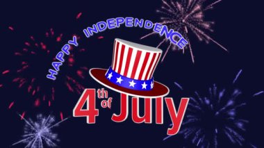 Bayram havai fişekleriyle Bağımsızlık Günü tebrik kartı. 4 Temmuz bayram animasyonu 4K