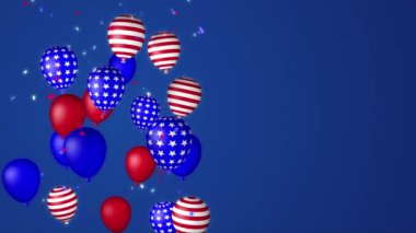 Amerikan bayrağının ulusal renginde balonlar eşliğinde arka plan, Bağımsızlık Günü animasyonu 4K metin alanı kusursuz bir döngü içinde