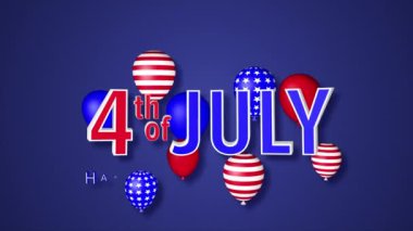 Amerikan bayrağı ve havai fişeklerinin ulusal renklerinde balonlarla Bağımsızlık Günü tebrik kartı. 4 Temmuz bayram animasyonu 4K