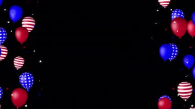 Amerikan bayrağının ulusal renklerinde, şeffaf bir alfa kanalı arka planında, pürüzsüz bir döngüde, bayram balonlarıyla çerçevelenmiş.